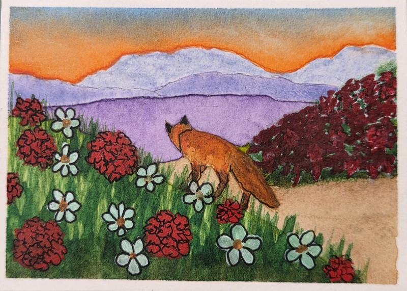 ACEO Miniature Painting "Fox in the Flowers" Mountain Watercolor Landscape
