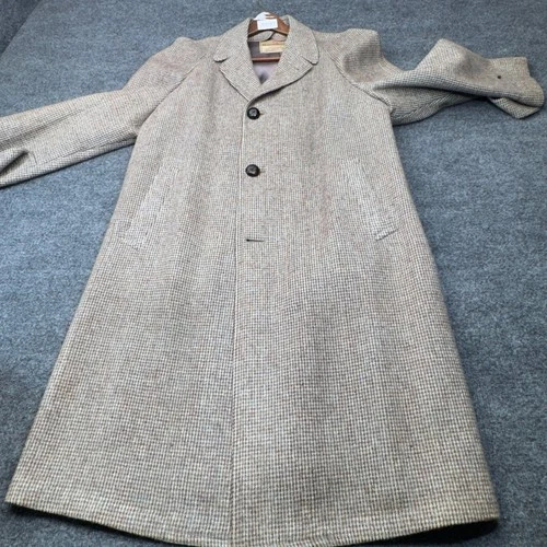 Vintage Harris Tweed Trench Coat Mens 42 Brown Wool Overcoat 70s Clad Penneys - product listing photo