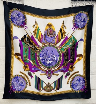 Vintage Golden Dragon Silk Scarf KING Of KING KNIGHTS Emblems Square 34 x34 