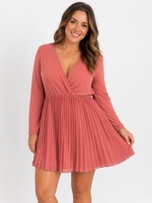 Pretty Little Things Pink Pleated Dress Long Sleeve Deep V Large Vintage Style