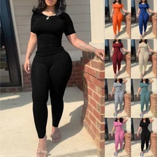 Womens 2pcs Sets Sleeves Sports Playsuit Jumpsuit,Short Exercise Bodycon Yoga