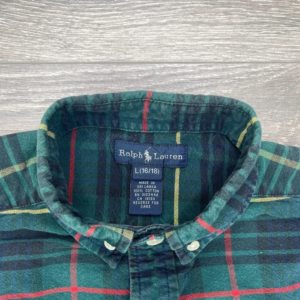 Polo Ralph Lauren Shirt Boys Large Green Tartan Plaid Windowpane Christmas - Image 3 of 4