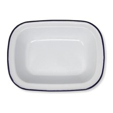 White 20cm long oval enamel Pie Dish with navy blue edging