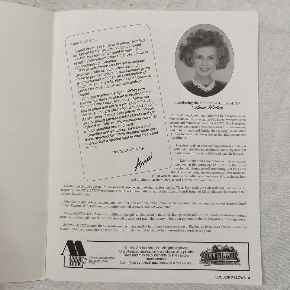 1994 Annie's Attic Boudoir Pillows Knit & Crochet Yarn Design Pattern Book - Image 3 of 4