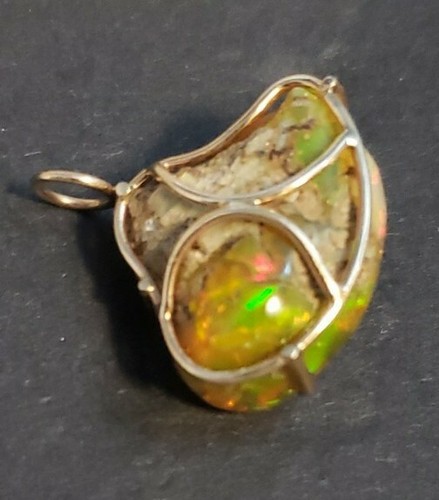 14k Yellow Gold with Raw Natural Fire Opal Rustic Pendant - Picture 3 of 8