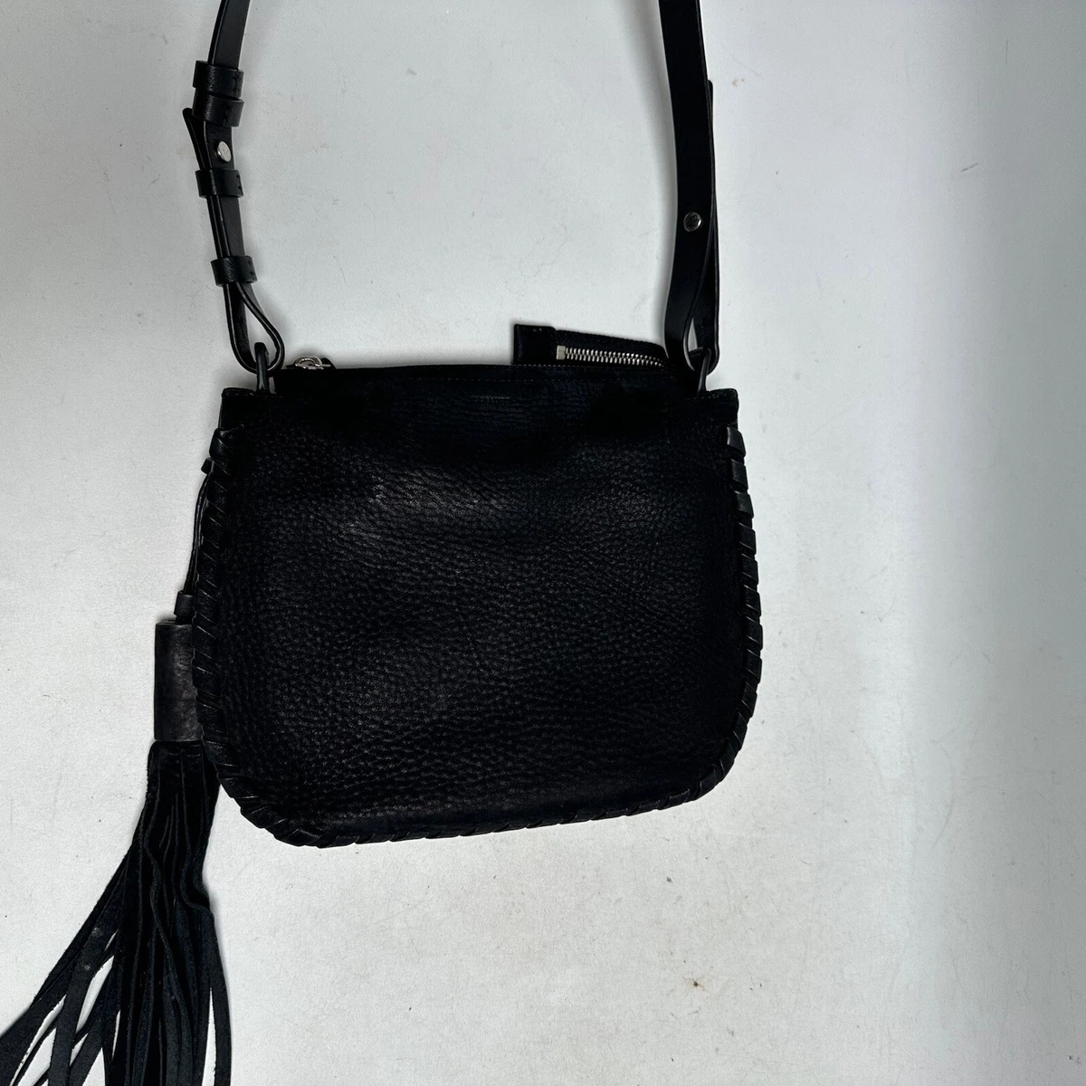 AllSaints Mori Leather Hobo Purse Shoulder Bag Pebbled Black w Tassel 348