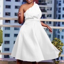 Women's Summer One Shoulder Twist Pleated Satin Cocktail Party Dress Midi Dress