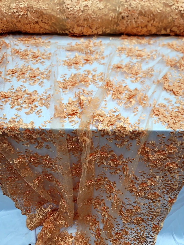 Tela de encaje de malla bordada de encaje con cuentas florales/ flores 3D naranja por yarda Foto 2 de 4
