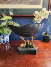 Heavy Black Metal Seashell with Brass Dolphin Base Bowl, centerpiece, fruit bowl