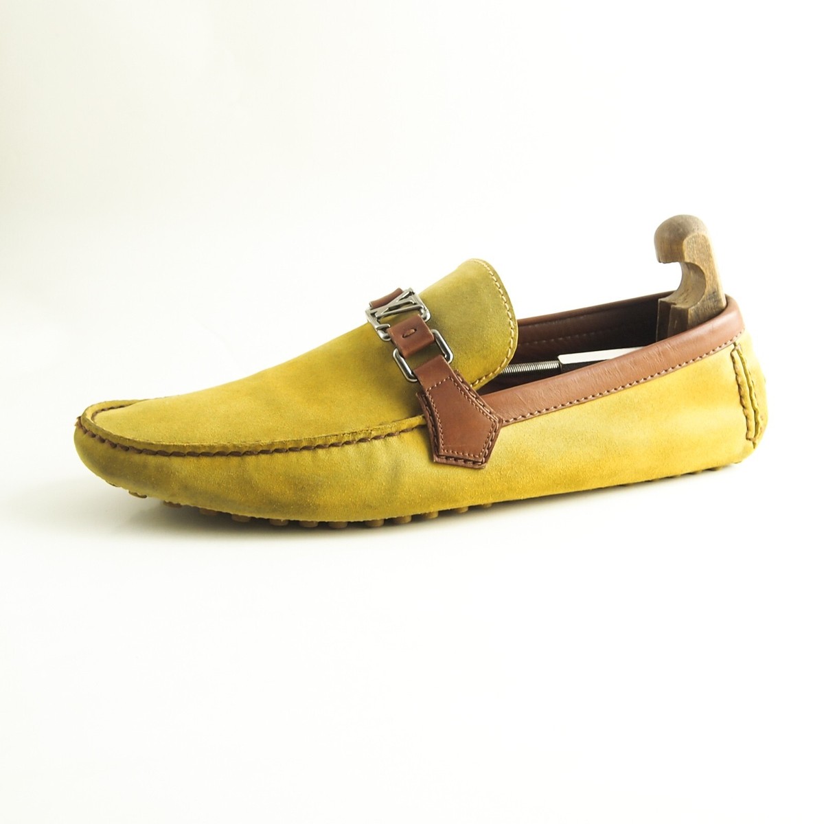 LV Louis Vuitton Hockenheim Loafers Yellow Suede Brown Leather 