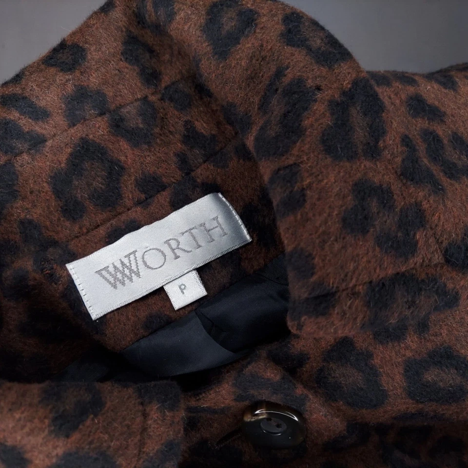 Chaqueta de Lana de Alpaca Worth Mujer Pequeña Pequeña Marrón Leopardo Botón Bolsillos Cuello Foto 4 de 4