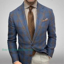Mens Plaid Jacket Blazer Lapel Long Sleeve Jacket Casual Fashion Business Suit