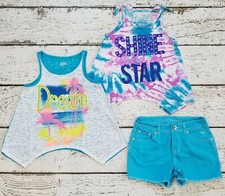 JUSTICE 12 Girls 3-Pc Outfit, Two Tank Tops  Teal Denim Shorts EUC 12 DC-TT20