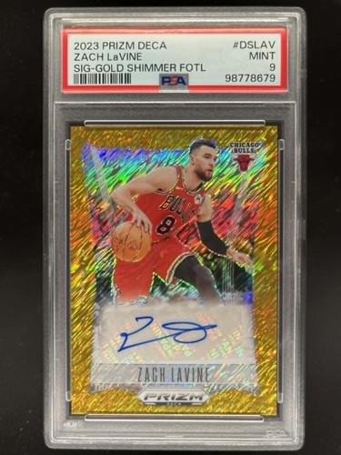 2023 PANINI PRIZM DECA ZACH LAVINE SIGS GOLD SHIMMER FOTL 02/10 AUTO BULLS PSA 9