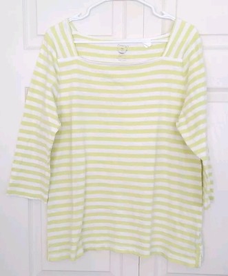 Zenergy by Chicos Shirt Womens Sz 3 Tee 3/4 Sleeve Stripe White Lime Light Stain