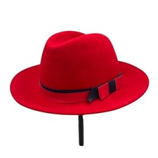 Vintage Lancaster Red Hat Wool Felt Wide Brim Fedora Navy Grosgrain Bow USA Made