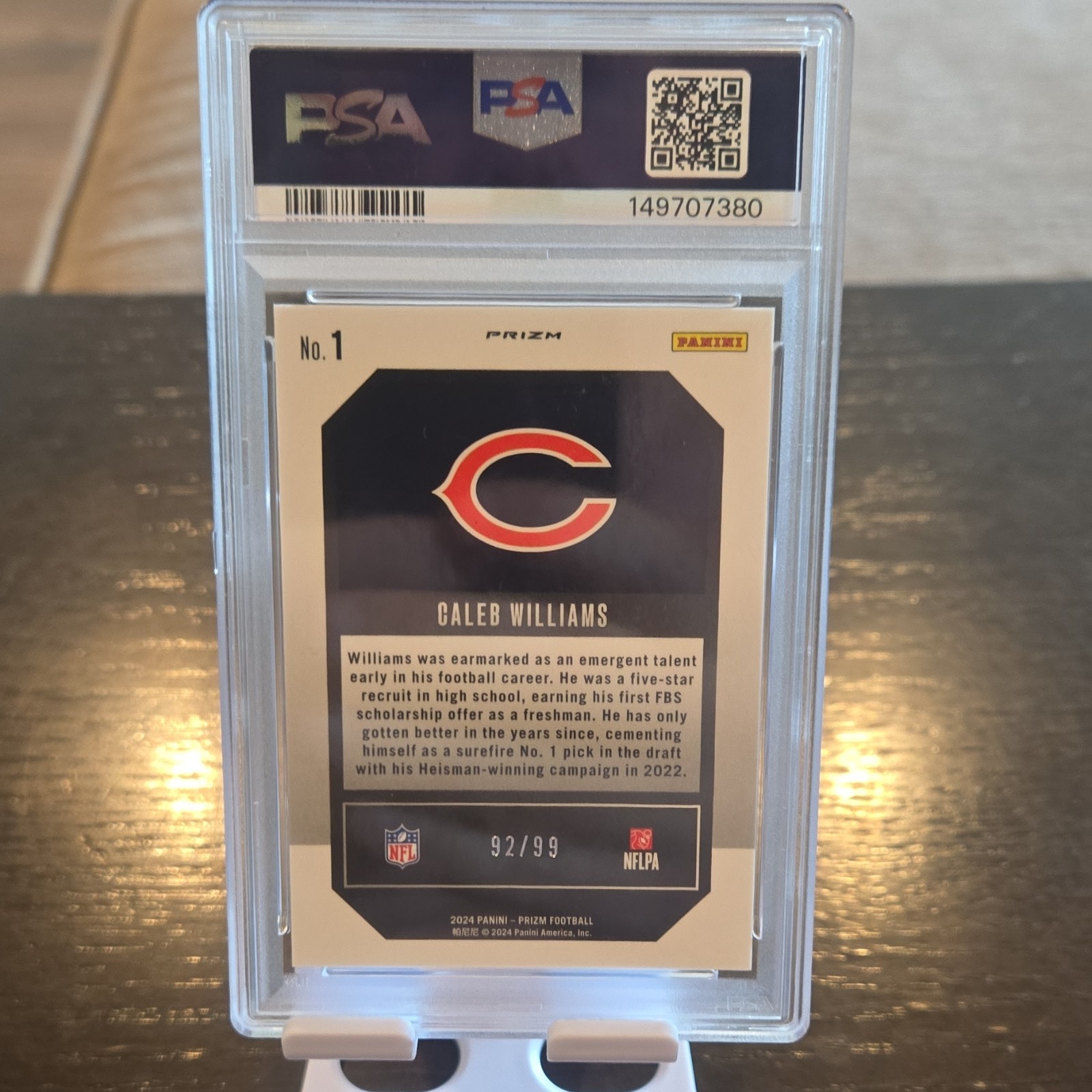 Panini 2024 Prizm Caleb Williams Emergent Blue Ice #1 /99 PSA 9 RC Bears view 2