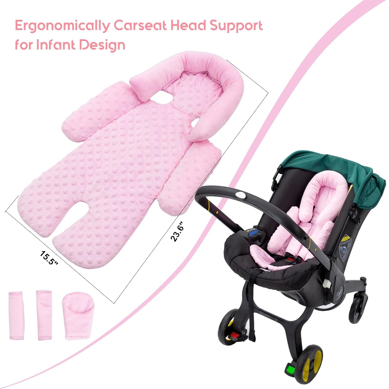 Infant Car Seat Insert with Extra 3 Strap Covers, Thickened Carseat Head Pink 