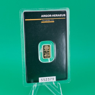 #ad 1g Argor Heraeus Gold Bar 999.9 Fine Pure Assay Card Certified Serial 552379 $171.90