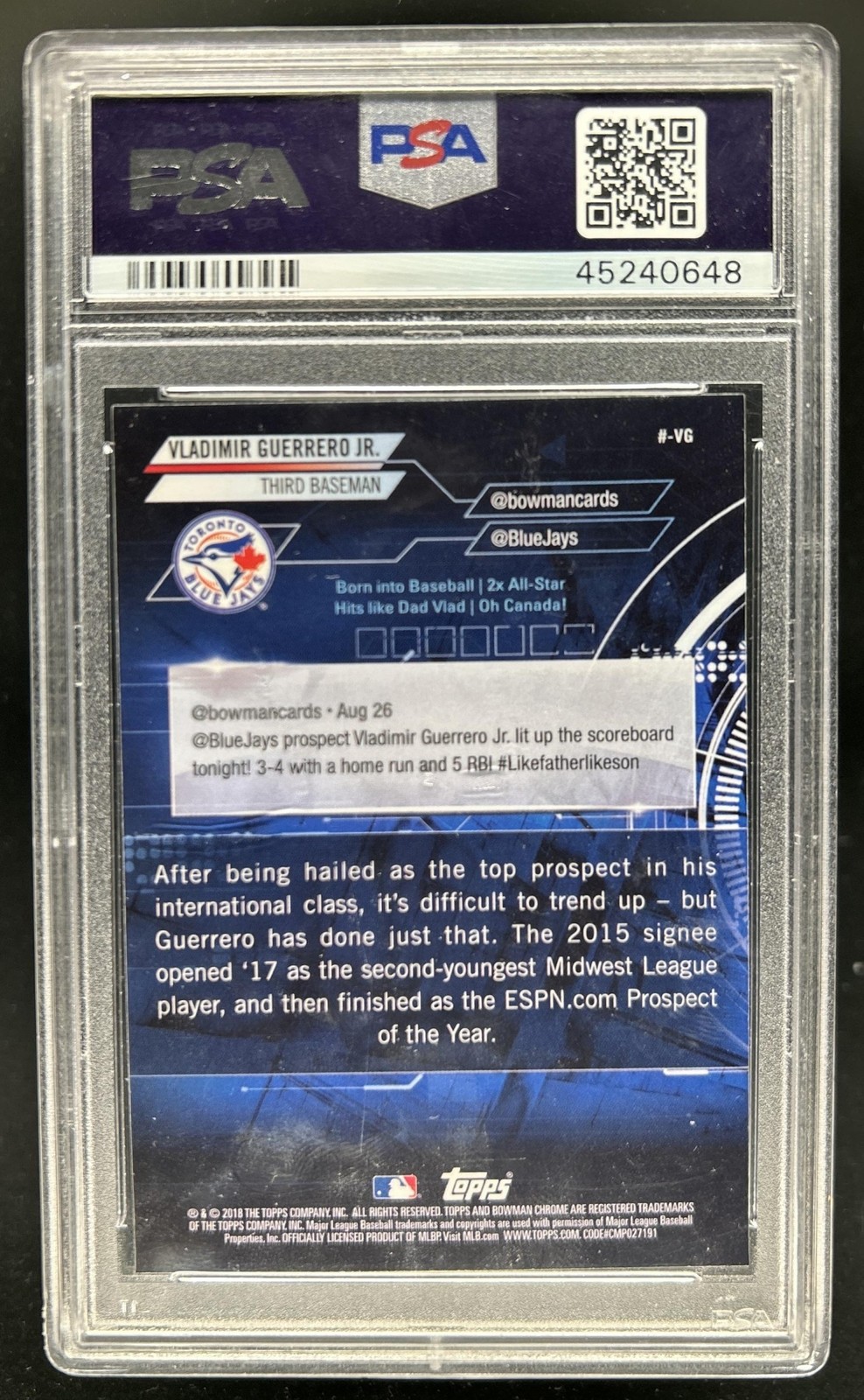 2018 Bowman Vladimir Guerrero Jr. Chrome Hashtag Trending ##-VG Blue Jays PSA 10 view 2