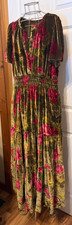 Anthropologie The Somerset Velvet Velour Tiered Green Pink Floral Motif Dress XL