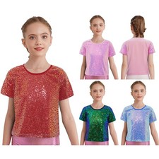 Kids Girls Short Sleeves Shiny Sequins Cheerleading Dance Jazz Disco T-shirt Top