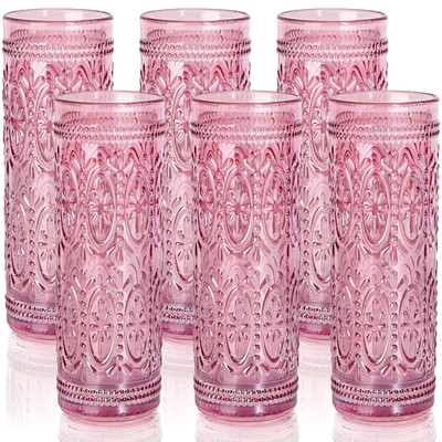 Darlion 6 Pack Pink Glassware Drinking 12Oz Highball Embossed Beverage Glass