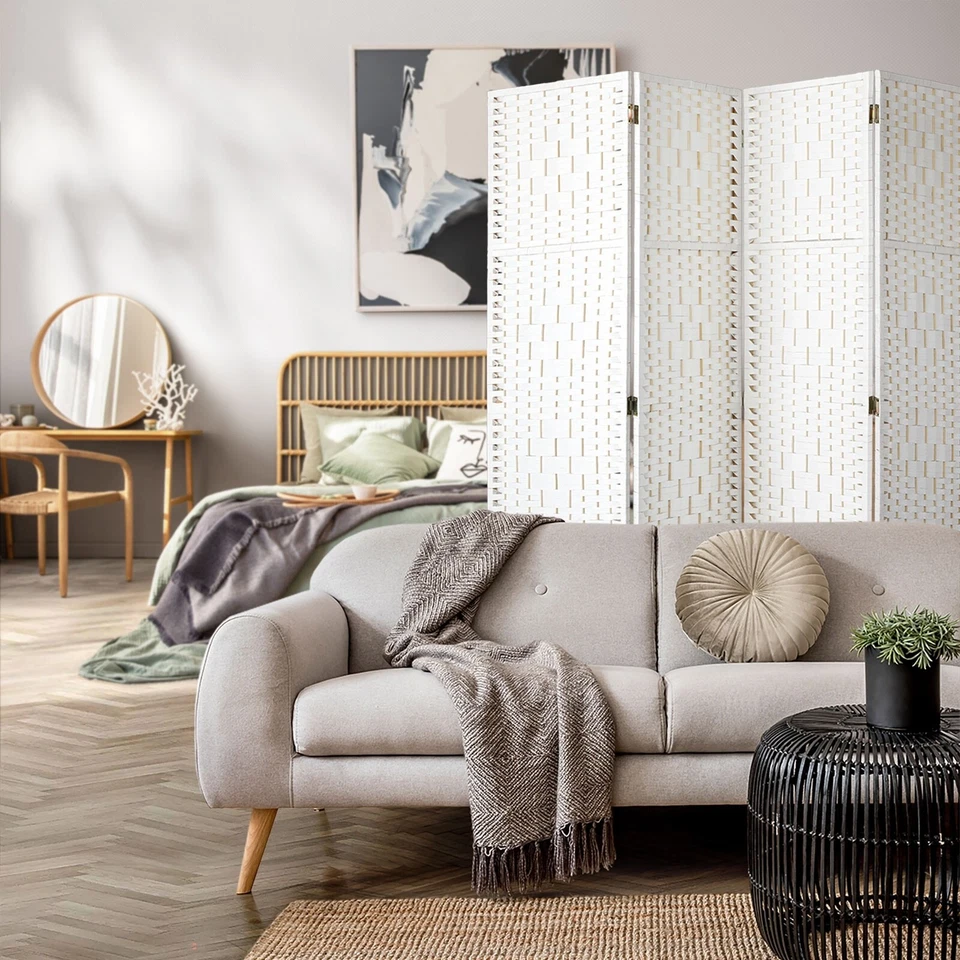 Oikiture 4 Panel Room Divider Screen Privacy Dividers Woven Wood Folding White - image 2 of 4