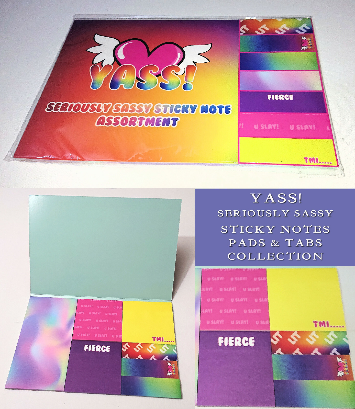 YASS! SASSY STICKY NOTES BOOKLET Rainbow Fade 1 LONG 3 SQ & TABS Fierce SLAY LIT