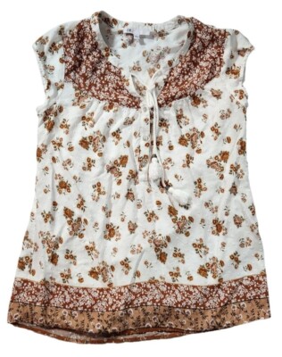 DR2 Womens Floral Boho Blouse With Tassel Tie Neck - Small Size