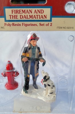 2 Vtg New Lemax 1999 Fireman Dalmatian Hydrant & 2002 Shoveling Snow Figurine
