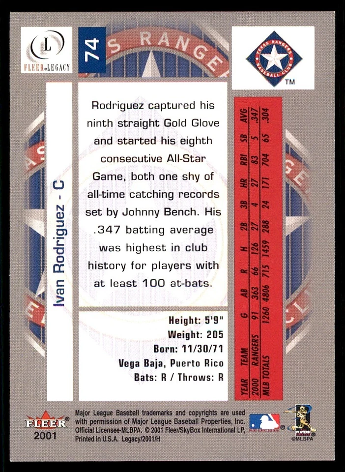 2001 Fleer Legacy #74 Ivan Rodriguez - Image 2 of 2