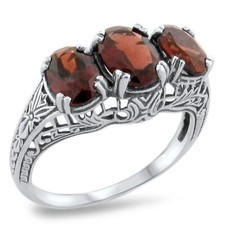 ART DECO STYLE GENUINE 3.5 CARAT GARNET 3 STONE 925 STERLING SILVER RING  249X