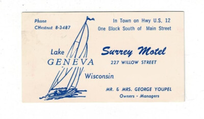 Vintage BUSINESS CARD Surrey Motel, Lake Geneva Wisconsin 1950s-60s