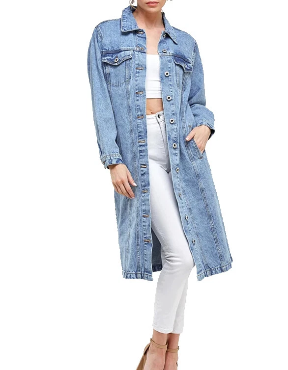 Women's Long Casual Maxi Length Denim Cotton Coat Oversize Button Up Jean Jacket