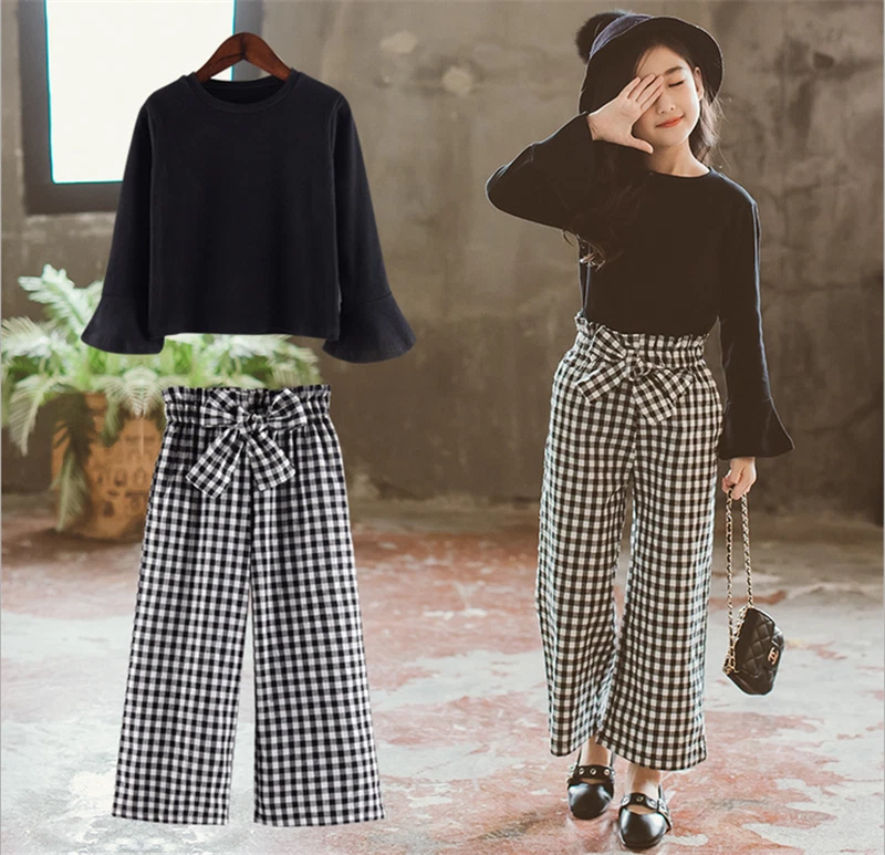 2pcs Teenage Girls Korean Fashion Suit Black Tops+Plaids Loose Pants Cotton  Sets