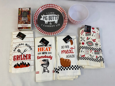 BBQ Gift Set 5 Plastic Plates Bowls Towels Thermo Future Wireless Thermometer