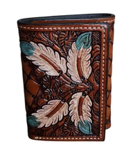 Natural Leather Tri-fold Wallet Floral Feathers Tooled by Ranger Belt Company