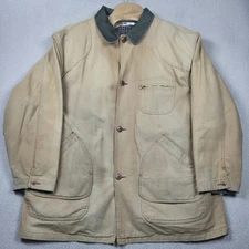 Vintage LL Bean Barn Coat Mens XXL Tall Tan Canvas Chore Jacket Plaid Lined USA