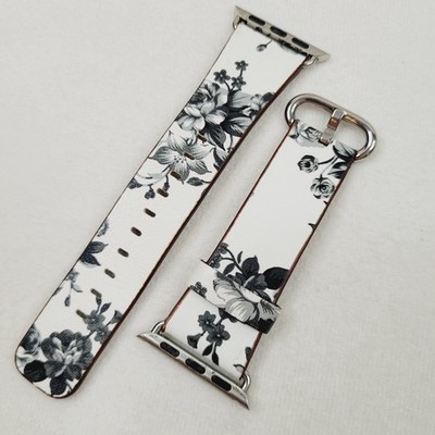 Black and White Floral Apple Watch Band Bohemian Garden Flowers Adjustable
