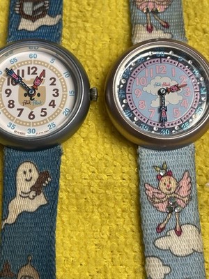 Flik Flak Swiss Made Kids Quartz Analog Watches Lot 2 Blue Fabric Cartoon