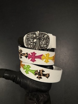 Chrome Hearts Leather Belt White Multi-color Crosses Silver Buckle Size 28-34