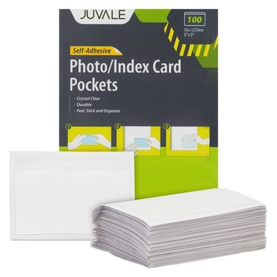 Juvale 100-Pack Clear Index Card Pockets - 3.6 x 5.25 in Plastic Sleeves - Adhes