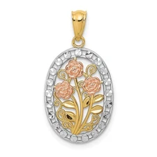 14k Yellow and Rose Gold White Rhodium Oval 3 Rose Pendant Perfect Gift for Her
