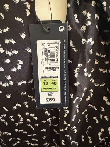 M&S Collection Black & White Floral Print Pleated High Neck Dress Size 12 - Picture 17 of 20