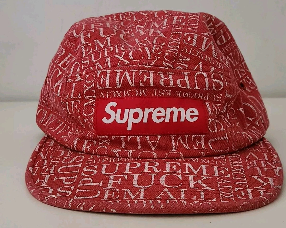 Casquette de camp en denim FW15 Supreme F UCK EM' ALL logo boîte à chapeau rouge 