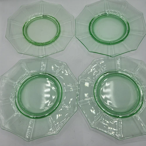 4 Green Depression Glass Decagon Lunch/Sandwich 8"  Plates Cambridge Glass