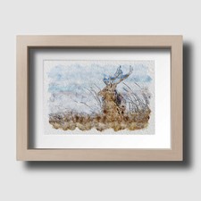 Stag Deer At Sea Wildlife Plant Watercolour Sketch Wall Print Picture Unframed