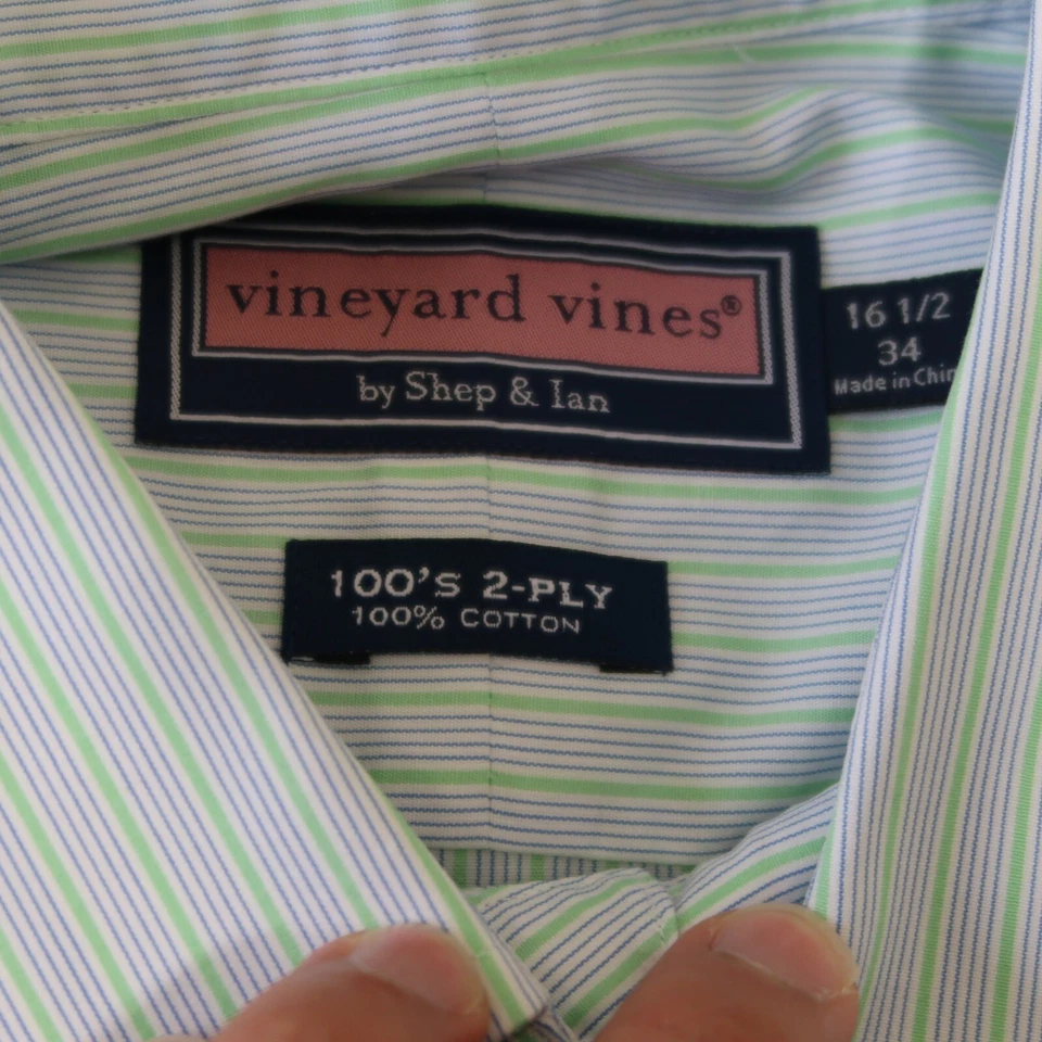 Camisa Vineyard Vines para hombre 16,5-34 azul verde lima a rayas manga larga abotonada Foto 3 de 4