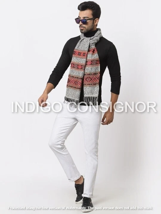 Mens 100% CASHMERE Made In India Wool Warm Check Plaid Abstarct Long Scarf
